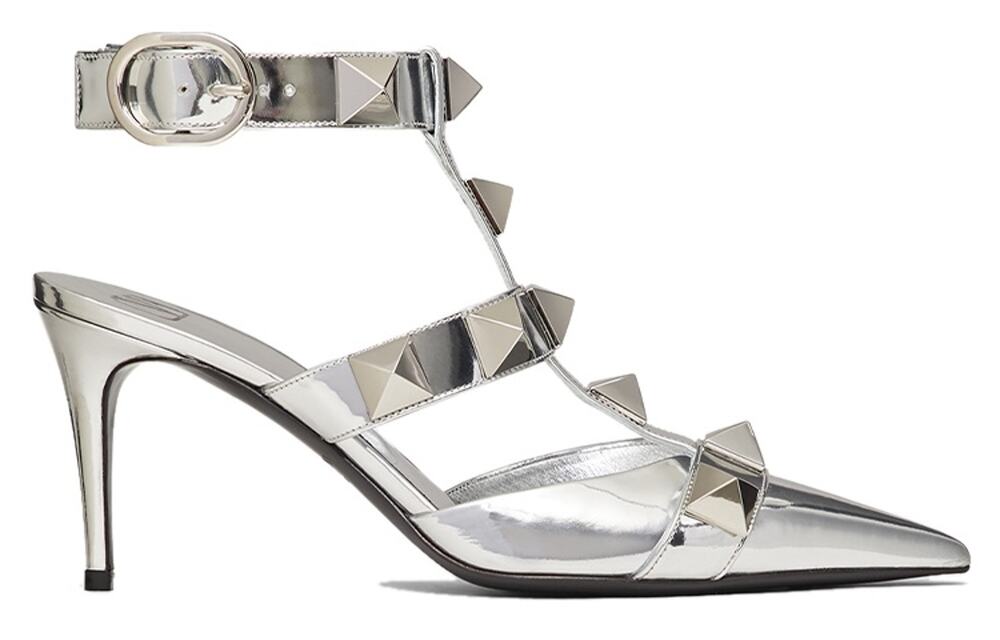 NIB Valentino Garavani Silver Roman Stud Ankle Strap Leather Pumps 36.5